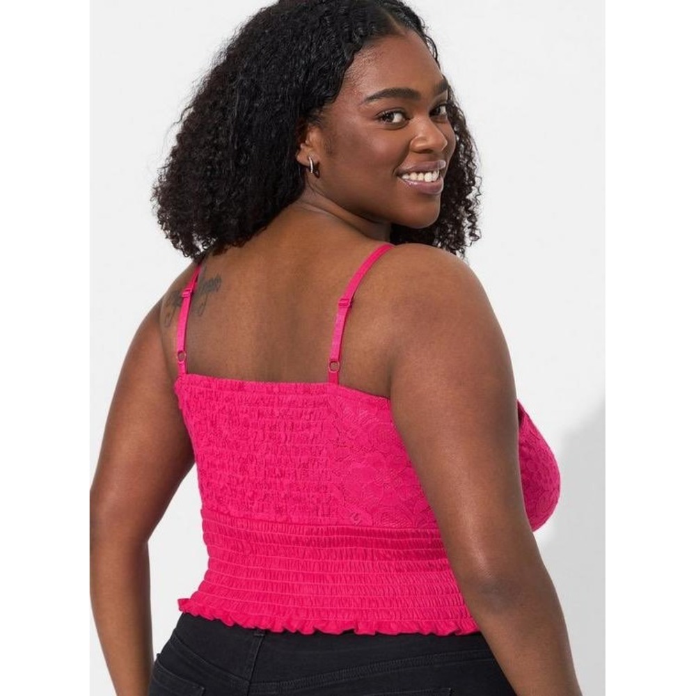 Torrid Lace Smocked Crop Top Pink Peacock Floral Adjustable Straps M/L NWT - Picture 2 of 7